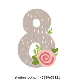 Number eight, baby kids monthly milestone, cute 8 with flowers cartoon illustration.