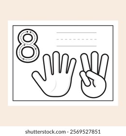 Number Eight. Black and White worksheet designed to help students learn and practice numbers. Activity made with cute and clean graphics ready to trace, color, write and improve finger counting