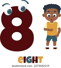 A number eight with a boy standing next to him.