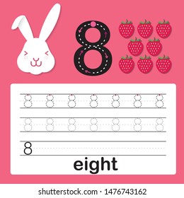 Number eight, card for kids learning to count and to write, worksheet for kids to practice writing skill, Vector illustration