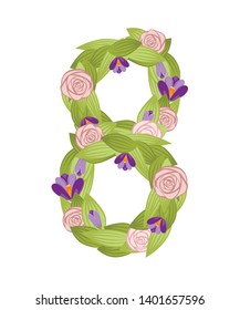 Number eight. Cartoon flower font design. Number 8 with flowers and leaves. Flat vector illustration isolated on white background
