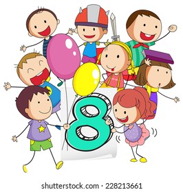 Number eight with children on white