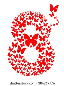 Number eight consisting of flying butterflies. March 8. Design element for celebration of the International Women's Day. Vector illustration.