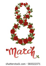The number eight created from red rose flowers. Design element for greeting card Happy Women's Day in March.