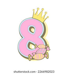  Number eight with crown, candy, baby month cards. Monthly milestone. Birthday Party Invitation Card Template