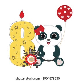 Number eight and a cute cartoon panda girl. Perfect for greeting cards, party invitations, posters, stickers, pin, scrapbooking, icons. Birthday concept