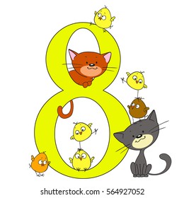 Number eight. Date for congratulations. Birds and animals with numbers. Kitten and chickens. Vector on white background. Cartoon doodle.