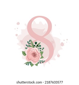 Número ocho decorado con rosa rosa rosa rosa, hojas y salpicaduras de acuarela aisladas en fondo blanco. Ilustración vectorial para cumpleaños, invitación a la boda, Día de la Mujer, números de la mesa de bodas y mucho más