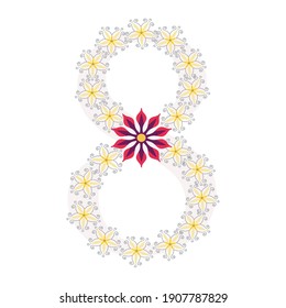 The number eight is decorated with yellow flowers with a bright flower in the middle