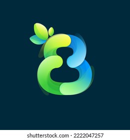 Nummer acht Öko-Logo mit Farbverlauf-Linien mit grünem Blatt. Umweltfreundliches Symbol aus überlappenden Teilen. Perfekt für landwirtschaftliche Kunst, Abfallrecycling App Design, gesunde Lebensmittelverpackungen.