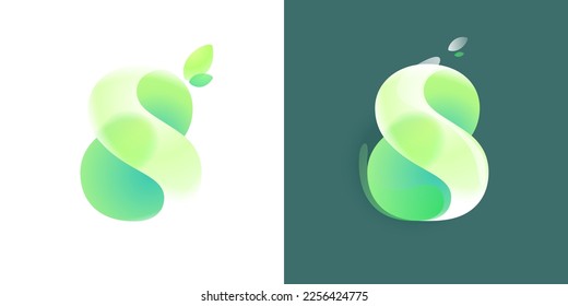 Number eight eco logo with green gradient and leaf in Glassmorphism style. Environment friendly icon made of overlapping parts. Perfect for agriculture art, waste recycling app, healthy food packaging