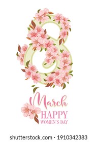 number eight entwined with sakura branches, postcard for March 8 and Mother's Day, congratulations on white background 