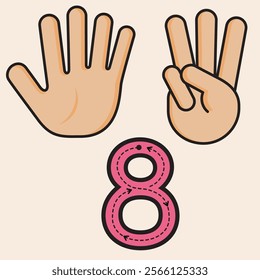 Number Eight. Finger counting designed to help PreK and Kindergarten students learn and practice numbers. Vector fully editable line art design