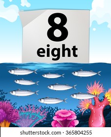 Number eight and eight fish swimming underwater illustration