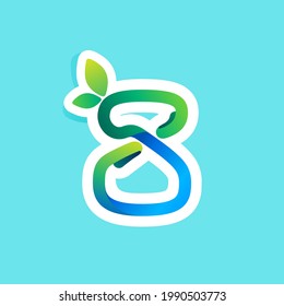 Number eight flow line eco logo with green leaves. Vector green icon perfect to use in your agriculture labels, science posters, spring advertising campaign.