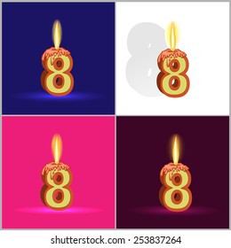 the number eight in the form of a burning candle,depicted on different backgrounds