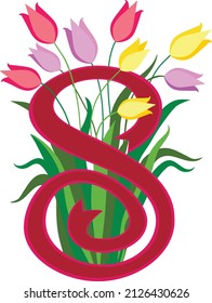 
Number eight in the form of a ribbon with spring tulips. Vector element in flat style. For congratulations on International Women's Day March 8.