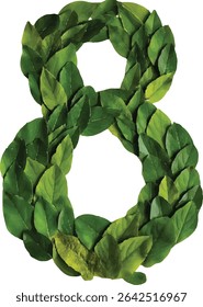 The number eight is formed from a collection of overlapping green leaves, creating a visually appealing and nature-inspired numeral.