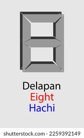 Number eight formed from eight trapezoids.
The name of object number is written in three languages, namely Indonesian, English, and Japanese.