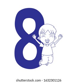 number eight with happy boy jumping over white background, flat design, vector illustration