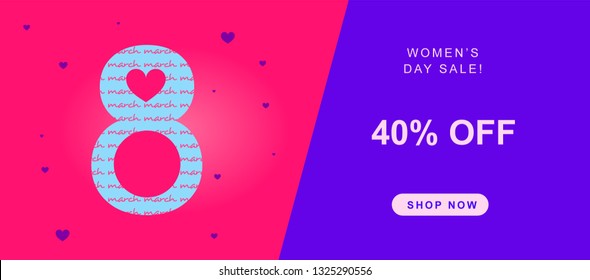 Number eight with a heart and text in a pink background. Promotion 40 off store banner.