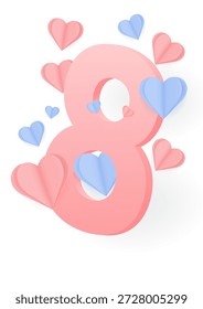 El número ocho con corazones en un estilo de papel recortado. Plantilla para carteles, volantes, fundas, embalajes, postales, etc.