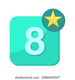 Number eight icon. Green square background. Yellow star symbol. Vector illustration.