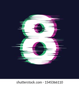 Number Eight isolated on dark background. Glitch stereo effect. Vector illustration. Design element for card, poster, banner, flyer, brochure, leaflet.