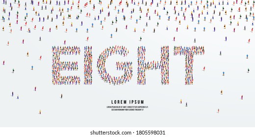 Number Eight. Large group of people form to create the word eight or 8. Vector illustration.