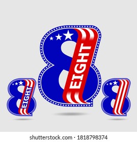 Number eight letter and figure the American flag typographic vector design. Vector set of American flag stripes and 100 stars for numbers. Number eight.