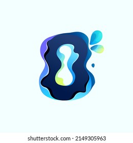 Number eight logo with blue dew drops in hologram glitch style. Environment friendly icon with color shift and illusion effect. Vector idea for waste recycling identity or organic merchandise.