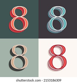 Number eight logo in classic three-dimensional sport style. Perfect for creating classical college or sports printing, retro design, clothing embroidery, packaging, vintage header, luxury identity