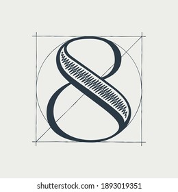 Number eight logo with construction grid lines. Vector vintage serif character perfect to use in any architecture labels, boutique posters, luxury identity, etc.