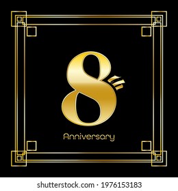 Number Eight Logo Design With Square Ornament, luxury golden design, anniversary concept, vector illustration