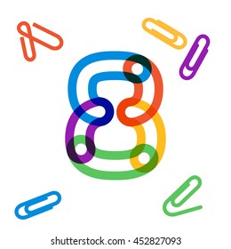 Number eight logo formed by paper clip. Vector design for banner, presentation, web page, card, labels or posters.