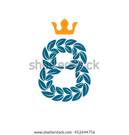 Number eight logo formed by laurel wreath with crown. Vector design for banner, presentation, web page, card, labels or posters.