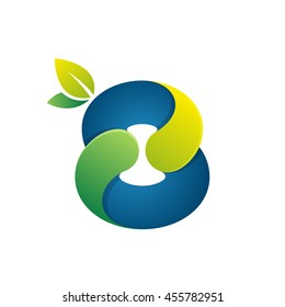 Number eight logo with green leaves. Vector design for ecology company, card, labels or posters.