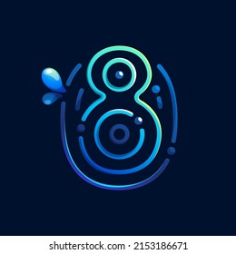 Number eight logo made of fingerprint with pure water waves and drops. Blue gradient line icon. Vector emblem for environment friendly design, drink advertising, ecology app, organic identity.