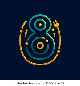Number eight logo made of fingerprint with plug. Colorful cable icon with vivid gradients and lines. Perfect for energy design, accessories advertising, gadget packaging, electric identity.