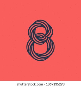 Logotipo número ocho hecho de cinco líneas paralelas con textura de ruido. Estilo de forma imposible. Fuente vectorial vintage para las etiquetas boutique, titulares elegantes, afiches de joyería, tarjetas de boda, etc.