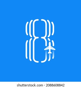 Number eight logo is made of three parallel lines with a plane icon. Vector emblem for a travel app, jet company identity, and shipping advertising.