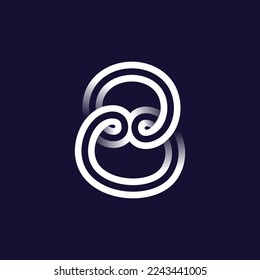Number eight logo made of two white parallel lines on black background. Infinite loop icon. Overlapping elegant emblem. Ideal for dynamic app, minimalism design, sports identity, technology adv.