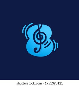 Number eight logo with musical note. Vector negative space style icon for Sound media company, Audio magazine, Song and Dance  poster.