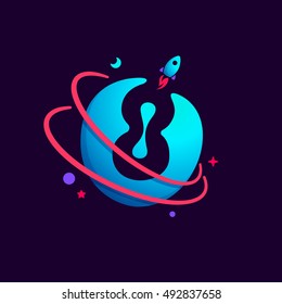 Number eight logo with planet, rocket and orbits lines. 8 icon. Bright vector design for science, biology, physics, chemistry company.