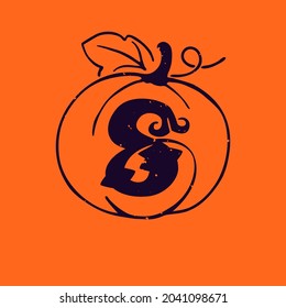 Logotipo número ocho en calabaza con textura gruesa. Tipo de letra gótico con serif curvo. Perfecto para tu diseño de Halloween.