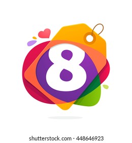 Number eight logo in Sale tag, heart and splashes. Colorful vector design for banner, presentation, web page, app icon, card, labels or posters.