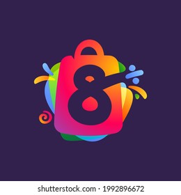 Number eight logo with shopping bag and Sale icons. Vector template perfect to use in your special offer label, one day deal banner, final discount identity.