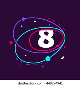 Number eight logo in space orbits, stars and planets. Colorful vector design for banner, presentation, web page, app icon, card, labels or posters.