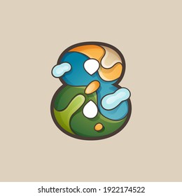 Number eight logo with topographic map line pattern. Outdoor adventure emblem with mountain, ocean, hills, forest, desert, and clouds.