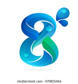 Number eight logo with water waves and drops. Vector elements for ecology banner, presentation, web page, card, labels or posters.